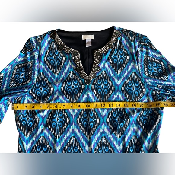 CHICO'S Embellished Neckline Lexi Blue Midi Dress Beaded V-Neck Size M / 12 Ikat - Picture 7 of 11